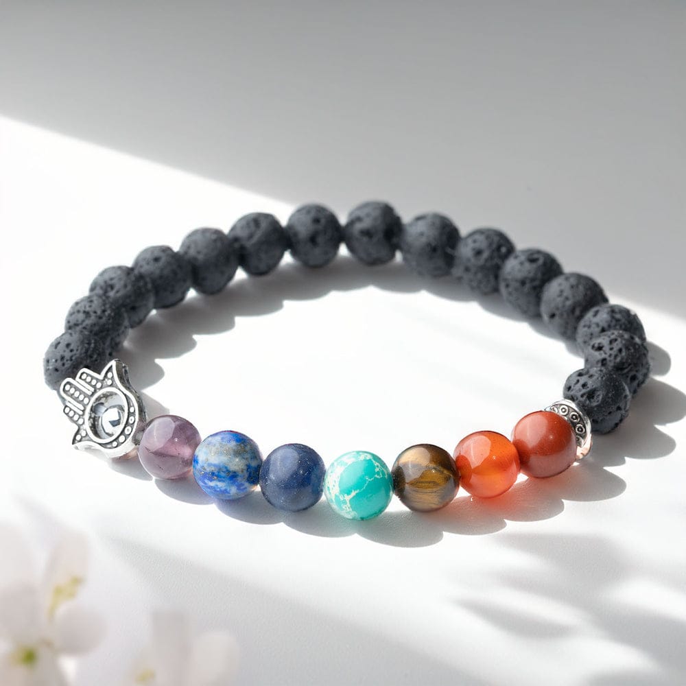 Lava 7 chakra natural stone bracelet with buddha's hand symbol